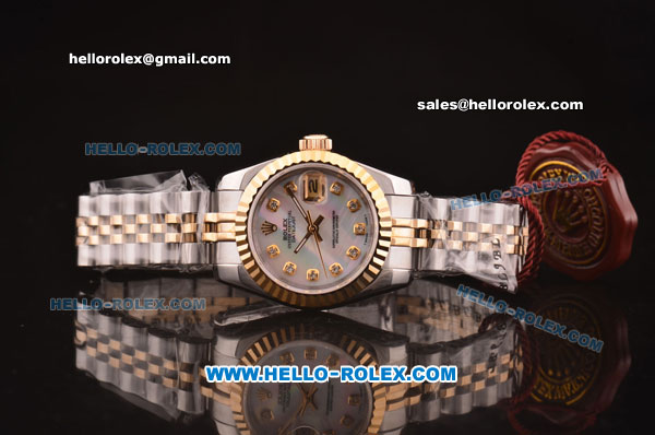 Rolex Datejust Ladies Swiss ETA 2671 Automatic Movement Two Tone Case with White MOP Dial and Diamond Markers - Click Image to Close